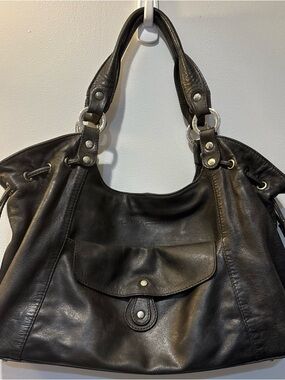 Lancaster Paris Shoulder Bag Womens Black Leather Tote Drawstrings VTG Rock 80’